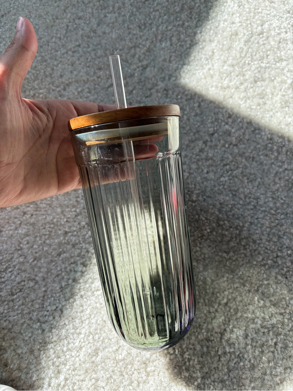 Hearth & Hand Green Glass Tumbler with Wood Lid and Straw